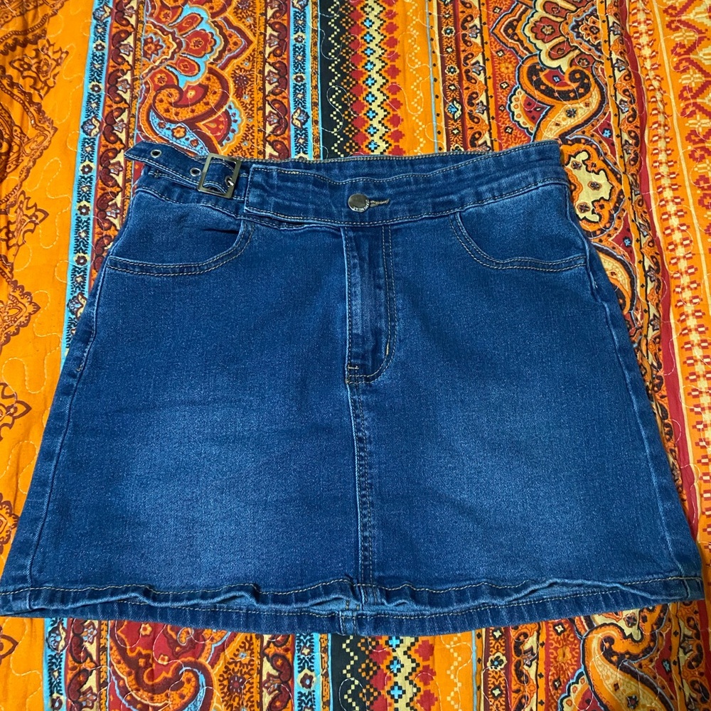 Denim Blue Skirt with skull print on pockets